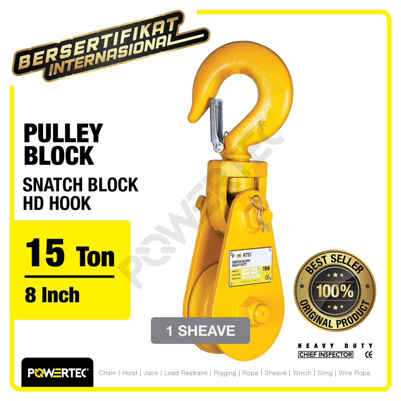 Snatch Block / Pulley Block Hook 15 Ton – 8″ HD 1 Sheave POWERTEC