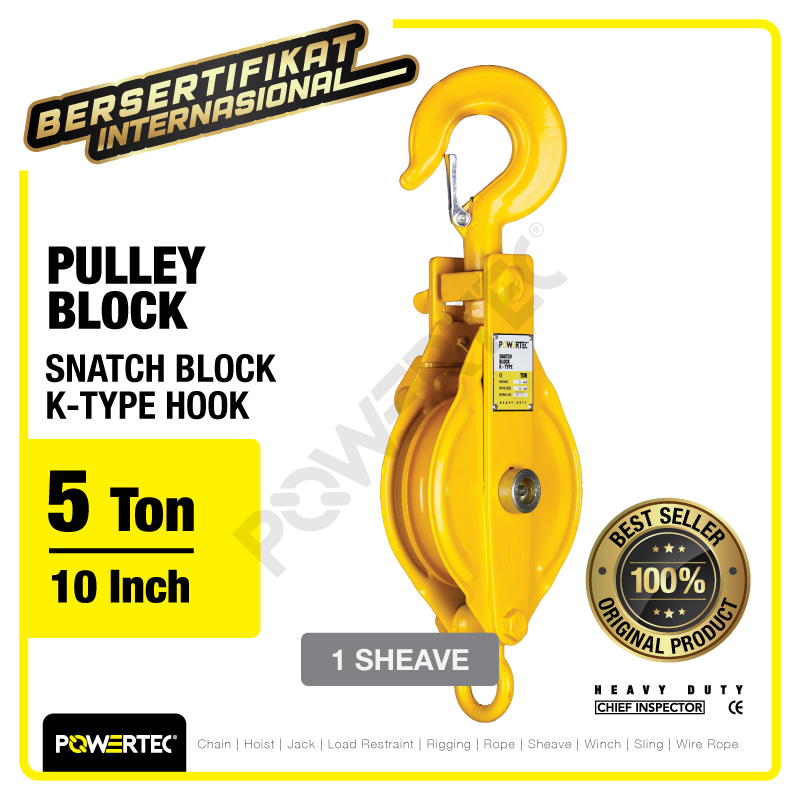 Snatch Block / Pulley Block Hook 5 Ton – 10″ K-Type 1 Sheave POWERTEC