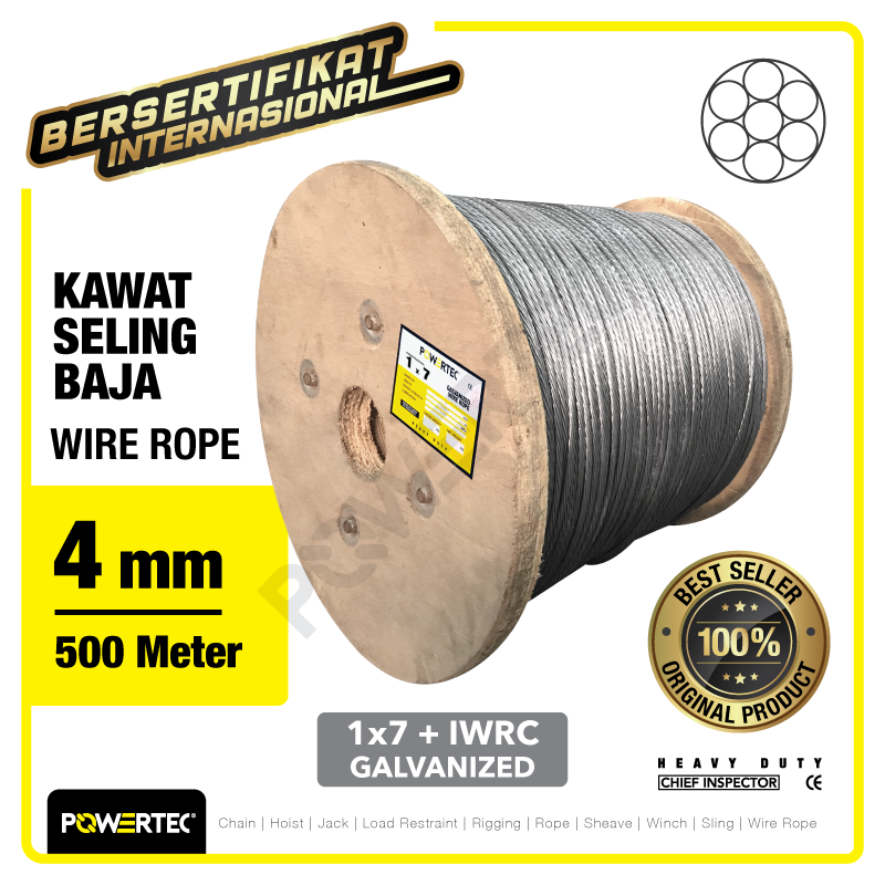 Wire Rope / Kawat Seling Baja 1×7 4mm Galv POWERTEC – 500m
