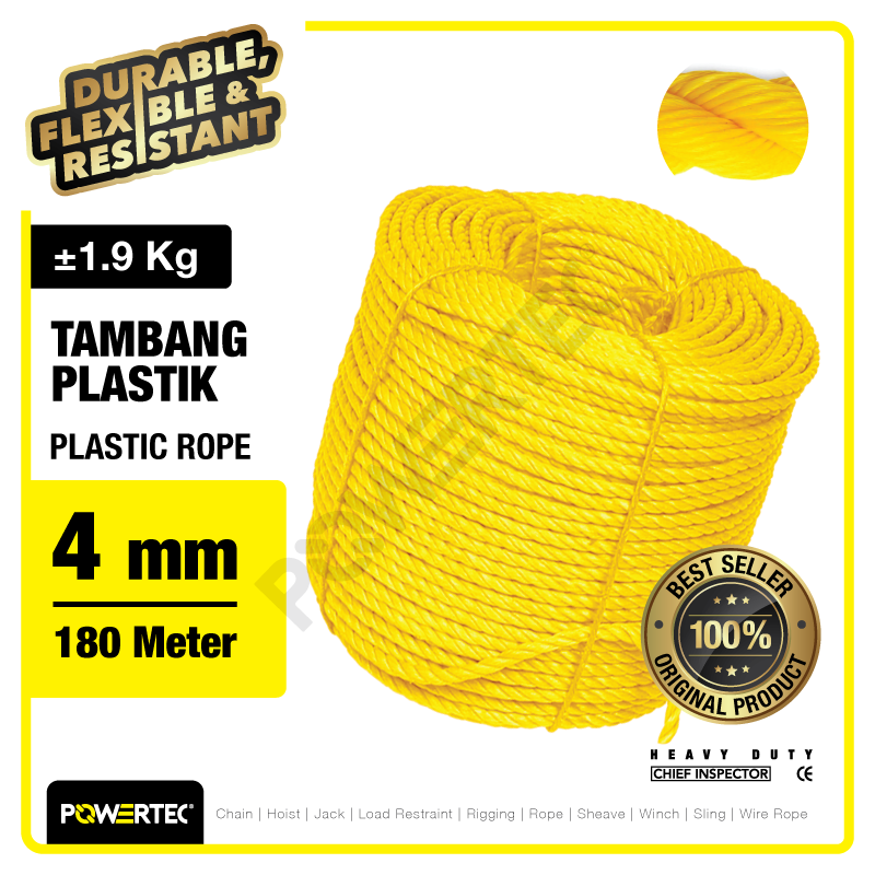 Tali Tambang Plastik 4mm x 180m Plastic Rope POWERTEC – Kuning