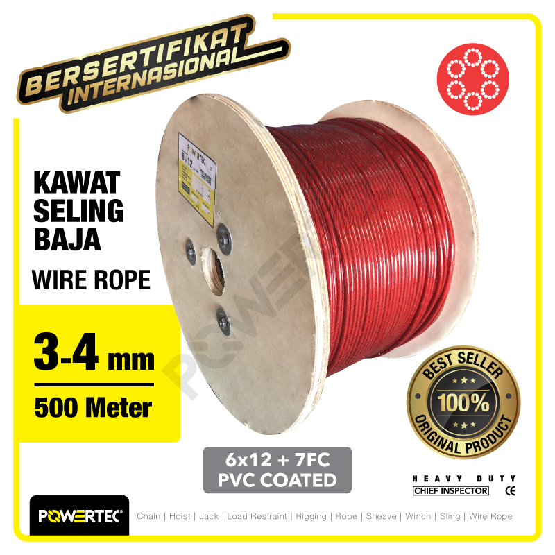 Wire Rope / Kawat Seling Baja 6×12 7FC PVC 3-4mm Merah POWERTEC – 500m