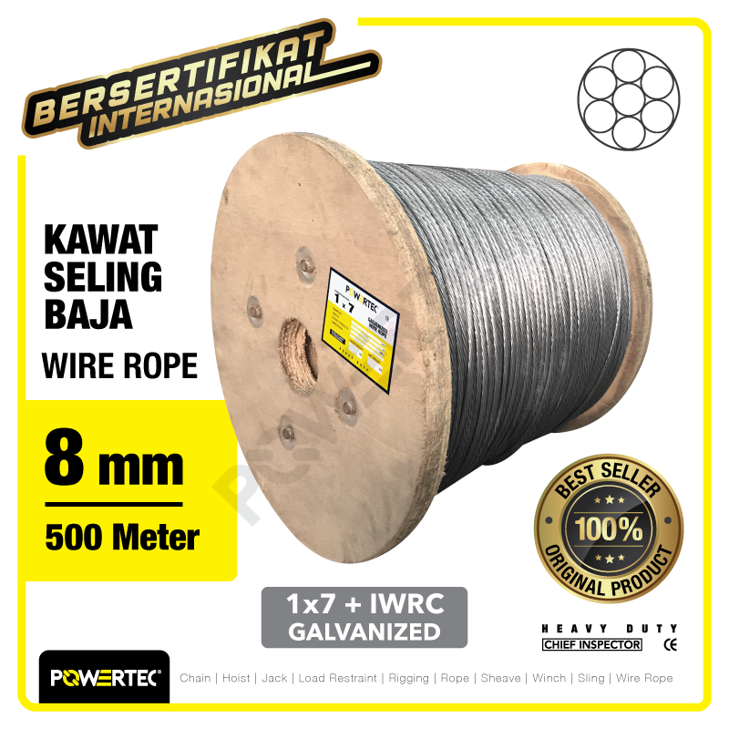 Wire Rope / Kawat Seling Baja 1×7 8mm Galv POWERTEC – 500m