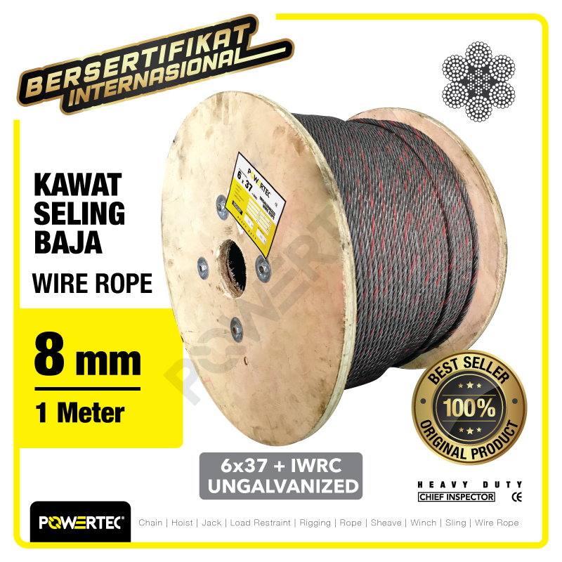 Wire Rope / Kawat Seling Baja 6×37 IWRC 8mm Ungalv POWERTEC – 1 Meter