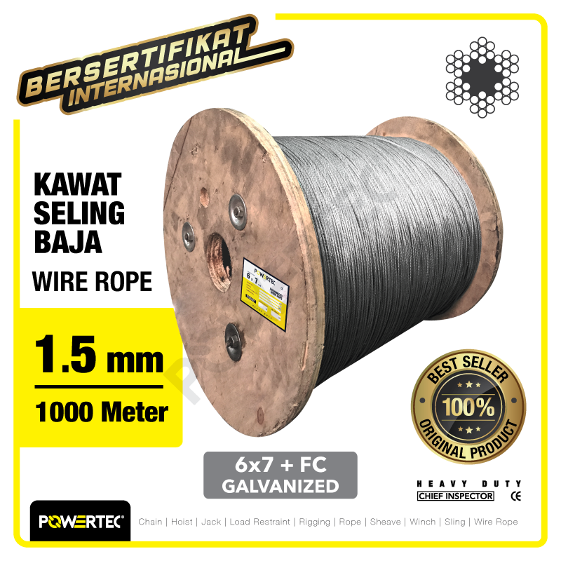 Wire Rope / Kawat Seling Baja 6×7 FC 1.5mm Galv POWERTEC – 1000m