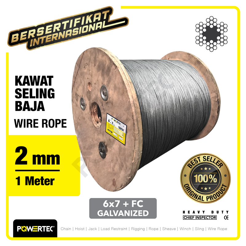 Wire Rope / Kawat Seling Baja 6×7 FC 2mm Galv POWERTEC – 1 Meter