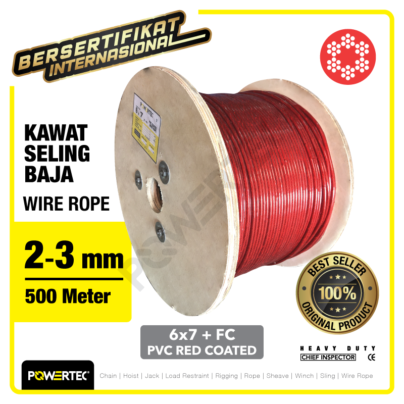 Wire Rope / Kawat Seling Baja 6×7 FC PVC 2-3mm Merah POWERTEC – 500m