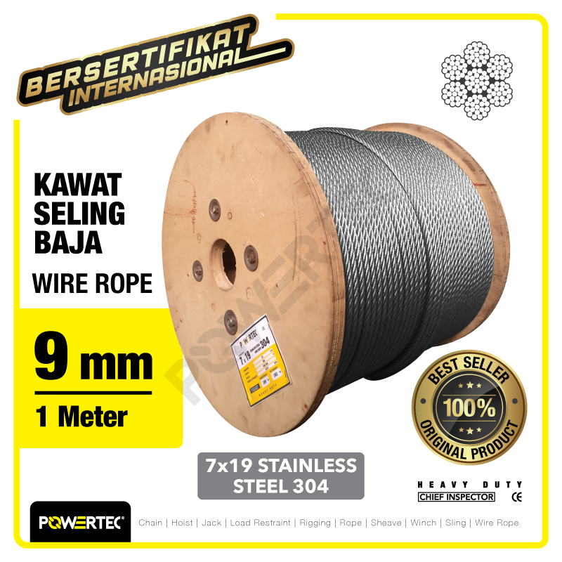 Wire Rope / Kawat Seling Baja 7×19 SS 304 9mm POWERTEC – 1 Meter