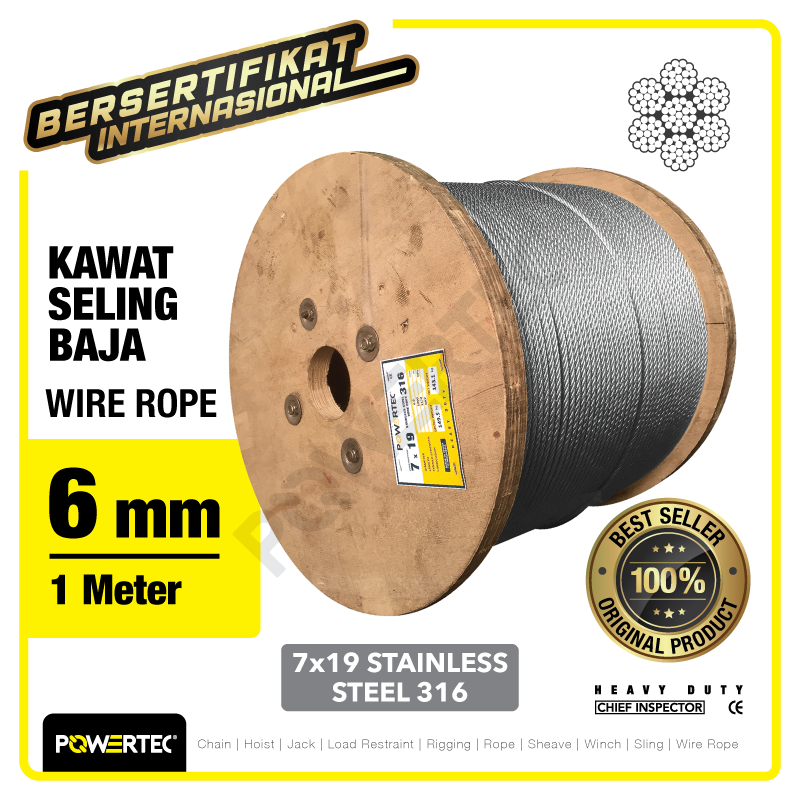 Wire Rope / Kawat Seling Baja 7×19 SS 316 6mm POWERTEC – 1 Meter