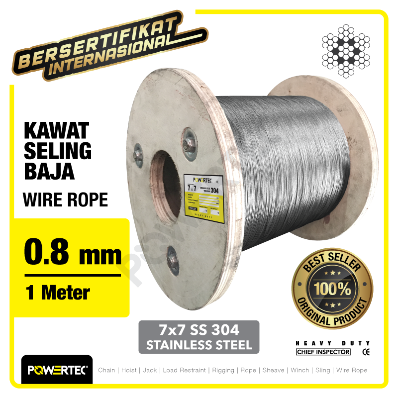 Wire Rope / Kawat Seling Baja 7×7 SS 304 0.8mm POWERTEC – 1 Meter