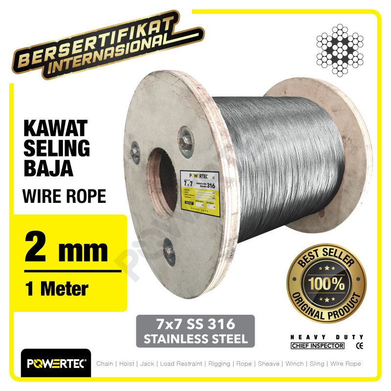 Wire Rope / Kawat Seling Baja 7×7 SS 316 2mm POWERTEC – 1 Meter