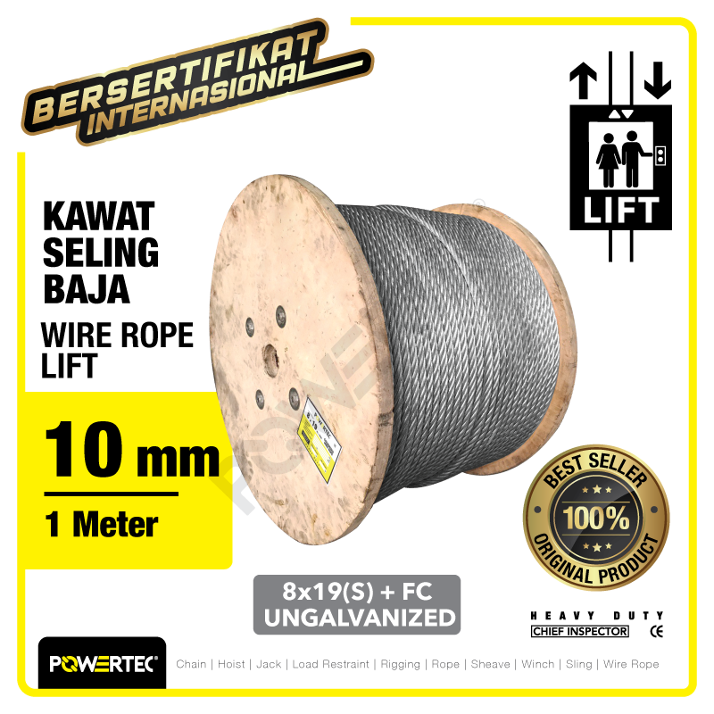 Wire Rope / Kawat Seling LIFT 8×19(S) FC 10mm Ungalv POWERTEC – 1 Mtr