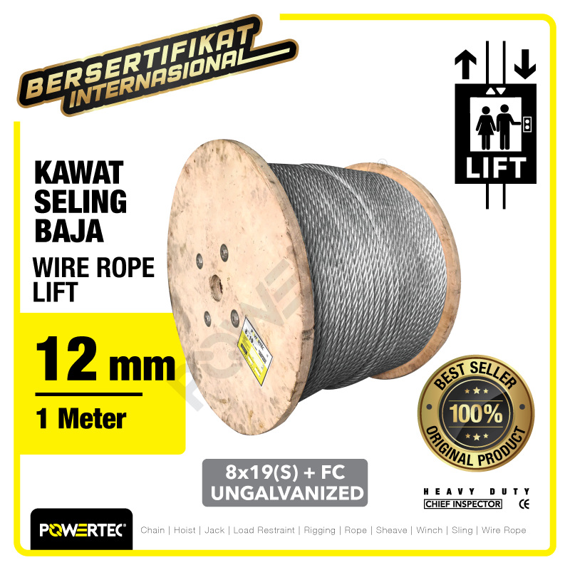 Wire Rope / Kawat Seling LIFT 8×19(S) FC 12mm Ungalv POWERTEC – 1 Mtr
