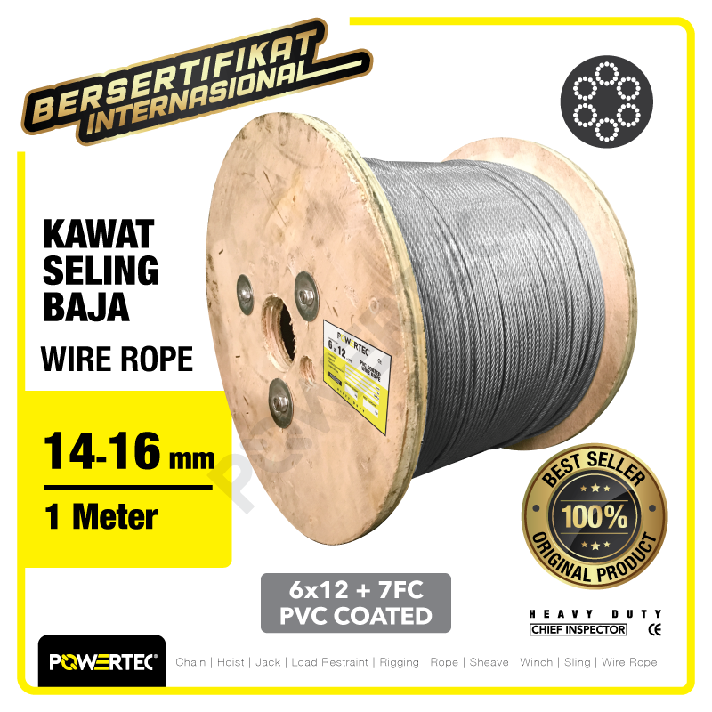 Wire Rope / Kawat Seling Baja 6×12 7FC PVC 14-16mm POWERTEC – 1 Meter