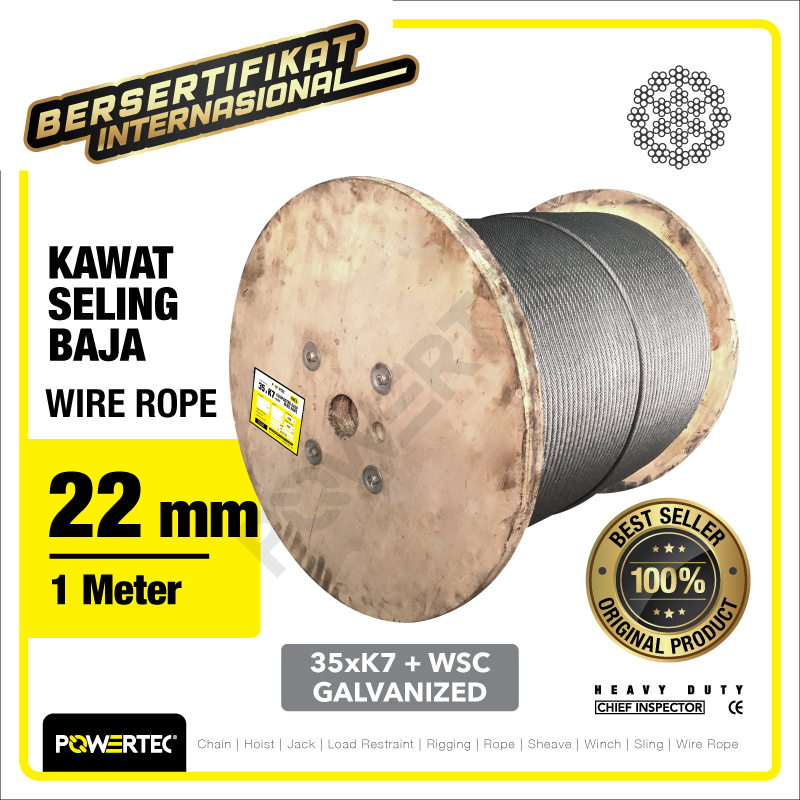 Wire Rope / Kawat Seling Baja 35xK7 WSC 22mm Galv POWERTEC – 1 Meter