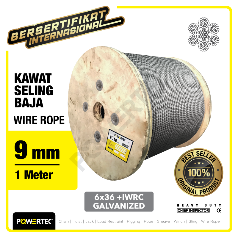 Wire Rope / Kawat Seling Baja 6×36 IWRC 9mm Galv POWERTEC – 1 Meter