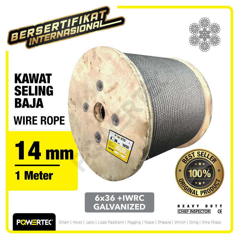 Wire Rope / Kawat Seling Baja 6×36 IWRC 14mm Galv POWERTEC – 1 Meter