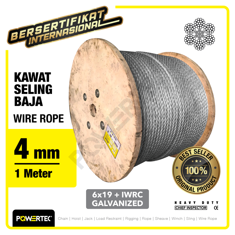 Wire Rope / Kawat Seling Baja 6×19 IWRC 4mm Galv POWERTEC – 1 Meter