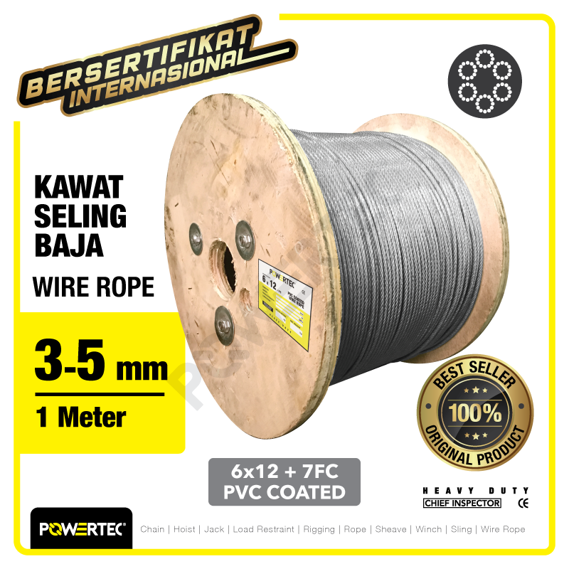 Wire Rope / Kawat Seling Baja 6×12 7FC PVC 3-5mm POWERTEC – 1 Meter