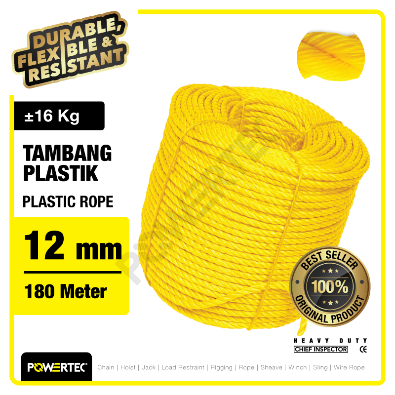 Tali Tambang Plastik 12mm x 180m Plastic Rope POWERTEC – Kuning